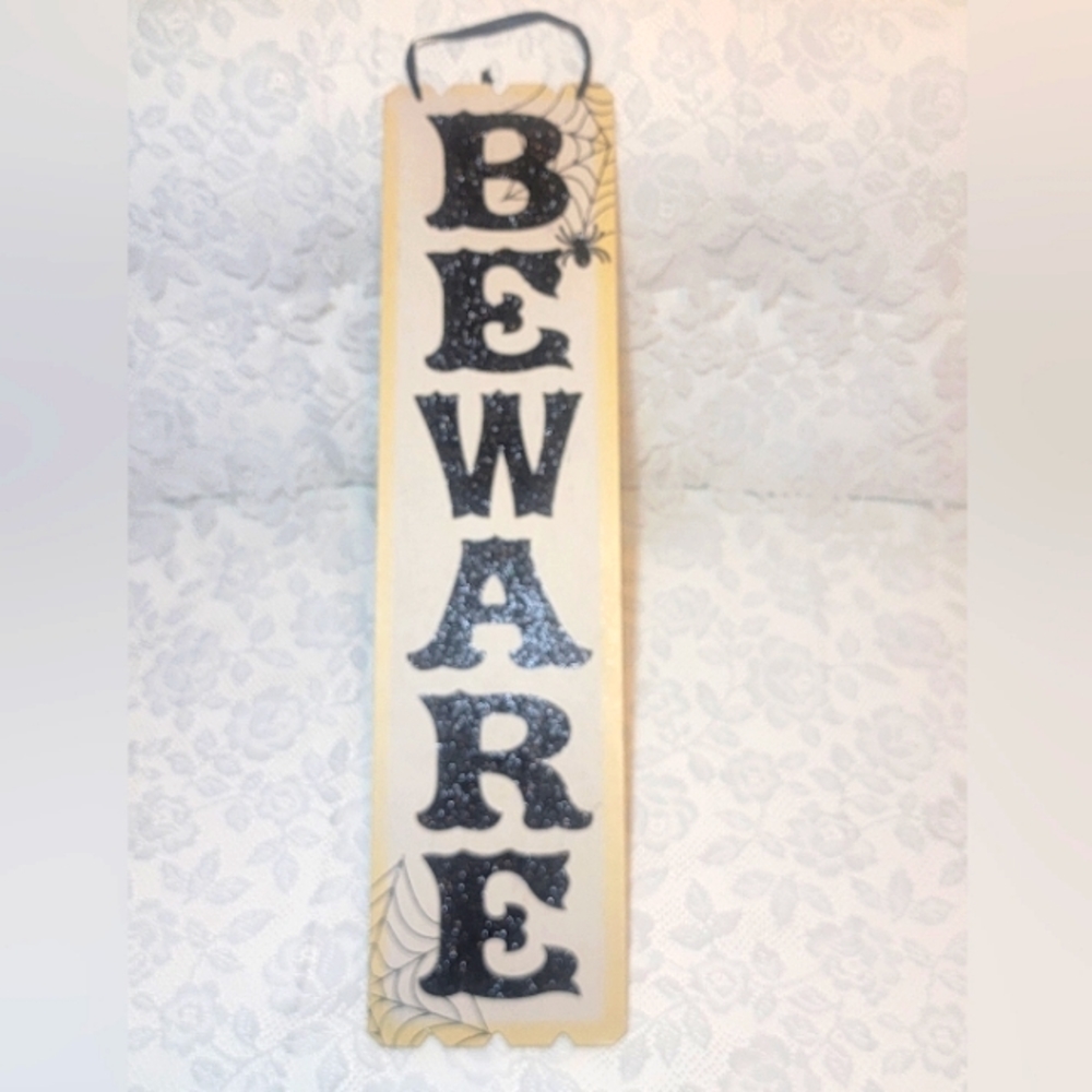 Black Glittered Halloween Outdoor Sign BEWARE Hanging Decor